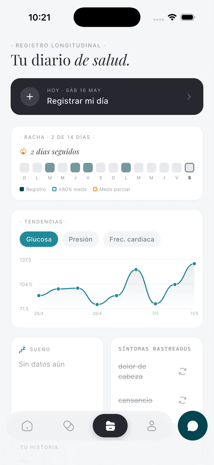 Pantalla del diario de salud de Aliis